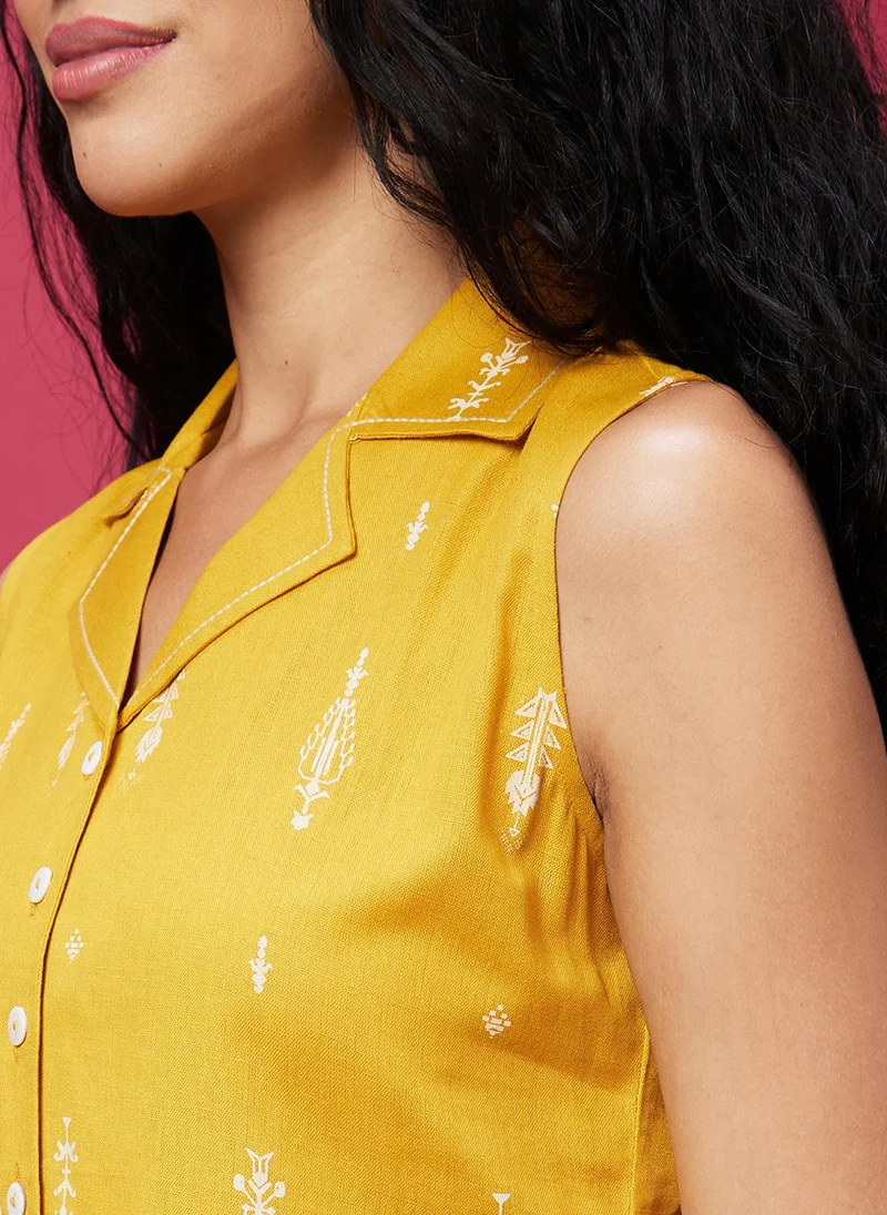 globus Globus Women Yellow Ethnic Motifs Printed Cuban Collar A-Line Ethnic Dress